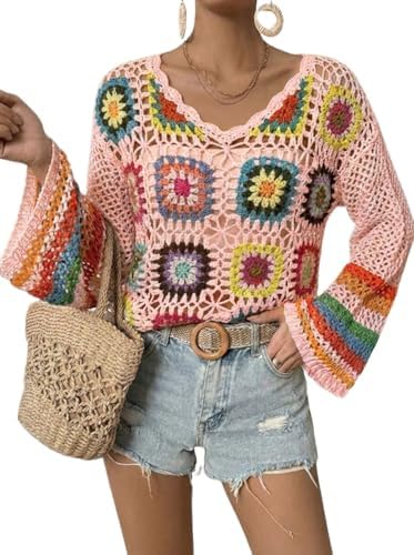 Kinghua Crochet Tops for Women Spring Summer Boho Floral Shirts Coverups