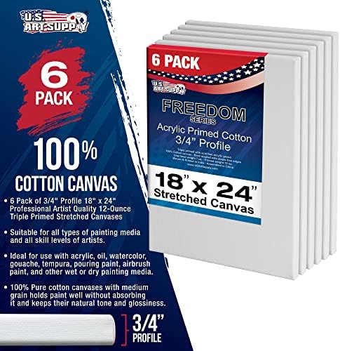 U.S. Art Supply 18"x24" Stretched Canvas for Painting, 3/4" Profile, 6-Pack