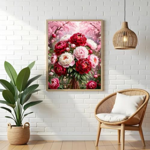 VeGuude Diamond Art Flowers Kits for Adults, Full Drill Peony Flowers Diamond Painting Kits for Beginners, DIY Full Rhinestone 5D Diamond dots (Gemstone Craft), Home Wall Decoration (12x16 inch)