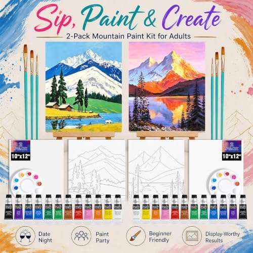 QUANWAISJ Sip and Paint Kit for Adults, Pre Drawn Canvas for Painting for Adults, 2 Pack Canvas Painting Kit, Paint Party Kit, Date Night Activities for Couples（Mountain Landscape ）
