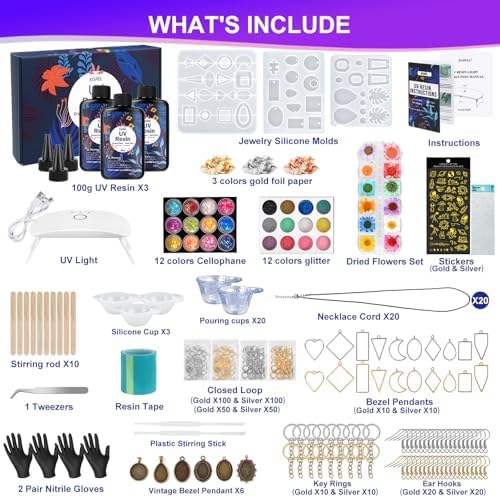 KISREL UV Resin Jewelry Making Kit, 300g Crystal Clear Resin with Light and Molds, DIY Jewelry Making Kit, Resina Starter Kits for Keychain and Earring