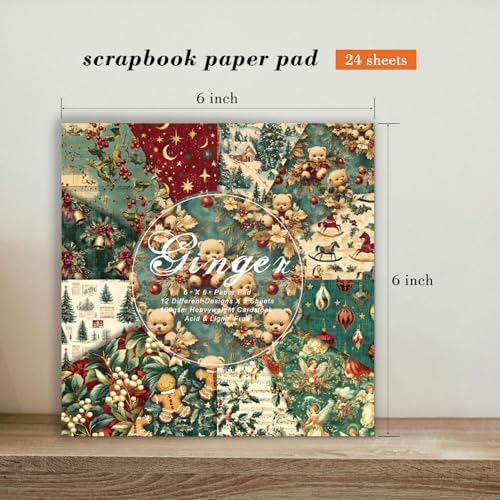 6inch Christmas Scrapbooking Cardstock Decorative - 24 Sheets Patterns Designed Paper Pad Decoupage Folded Card Making Origami Gift Wrapping Supplies for Journals DIY Crafts