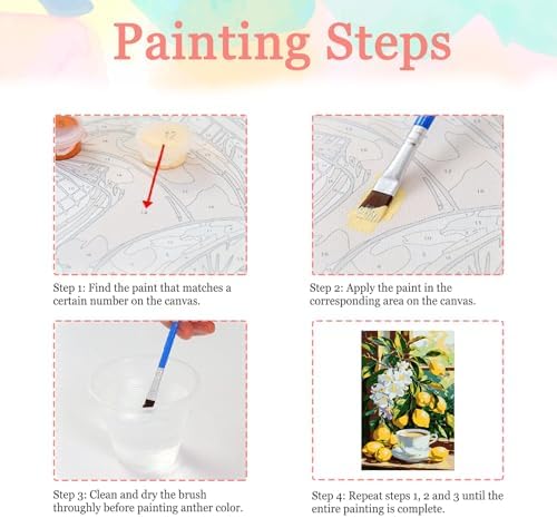 Auremi Lemon Paint by Number Kits with Framed, DIY Flower Paint by Number Canvas for Adults, Easy Acrylic in Canvas with Brushes for Decor 20x30cm