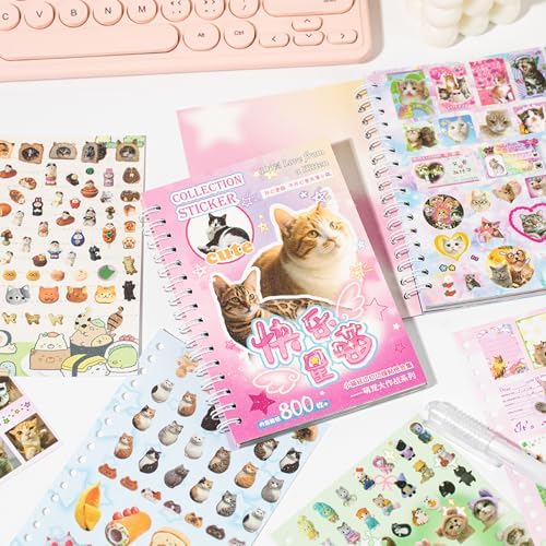 ZHIJIANHZ Cat Sticker Book with Meme Stickers 30 Pages Over 800 Die Cut Stickers with 3 Coating Types for Scrapbook Journal and Planner Sticker Album with Premium Art Paper and Cute Design