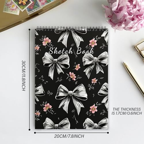 Deokke Sketchbook Top Spiral Bound Sketch Pad, 9 x 12 inch,100GSM Thick Paper,50 Sheets 100 Pages,Art Sketch Book Aesthetic Cute Drawing Writing Paper for Girls Women-Gray Bowknot
