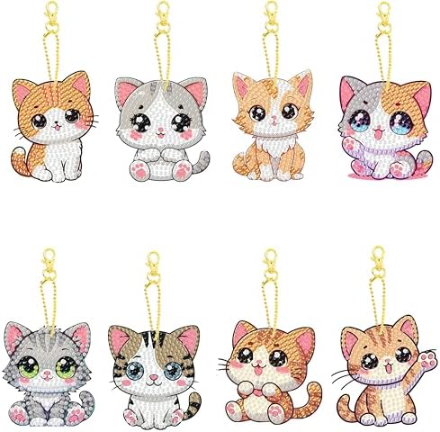 Masendp 8 Pieces Diamond Painting Keychain Animal Diamond Art Jewelry Double-Sided 5D Diamond Painting Kit for Beginners Adult DIY Art Craft Gift Home Decor (Cat)