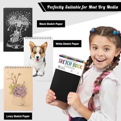 120gsm Sketch Book for Kids, 50 Sheets Spiral Sketch Pad with 24 Pencils