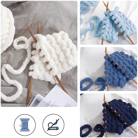 MABOZOO Assorted Chunky Yarn for Hand Knitting 8 Pack, Fluffy Jumbo Chenille Yarn, Soft Plush Yarn Bulky, Giant Thick Fuzzy Yarn for Arm Knitting,Cream & Multi Blue(31.7 yds,8 oz Each Skein)
