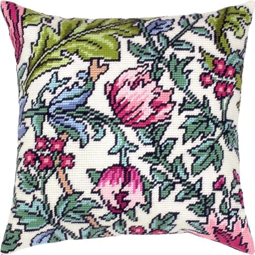 Brvsk Floral Embroidery Kit for Adults and Beginners — Derwent by John Henry Dearle 16″ × 16″ with Clear, Precise Printed Design on Cotton Canvas; Includes 2 Needles, Yarn, and Easy-Read Chart