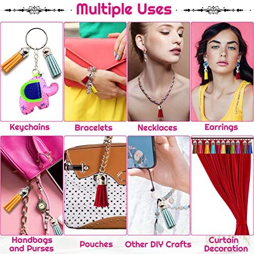 PAXCOO Tassels for Jewelry Making, 50pcs Leather Tassel Keychain Charms Bulk with 50pcs Jump Rings for Bracelets, Acrylic Key Chain Blanks and Craft Supplies