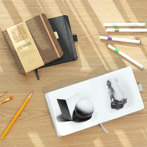 Vienrose 5.5"x5.5" Sketch Books, Linen Cover Sketching Book with Acid-Free Paper, 111lb/180gsm Drawing Pad for Kids, Beginners & Professionals, Art Supplies for Adults & Students(Black, 60 Sheets)