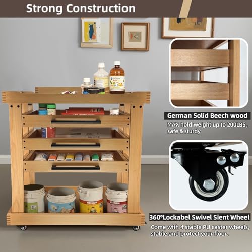 Art Supplies Storage 5-Tier Cart, Beech Wood Rolling Cart