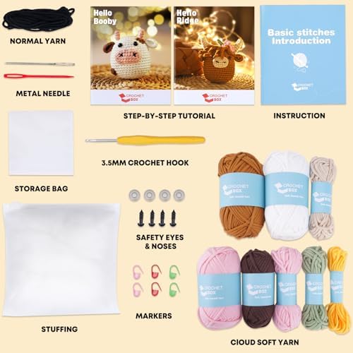 CrochetBox Crochet Kit for Beginner, Highland Cow and Cow Learn How to Crochet Stuffed Animals Gift for Adults and Teen(), Knitting Set with Yarn Hook Stitch-by-Stitch Video Tutorial