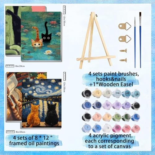 ARTISTKISS 4 Pack Framed Black Cat Paint by Numbers Kit for Adults 8x12inch