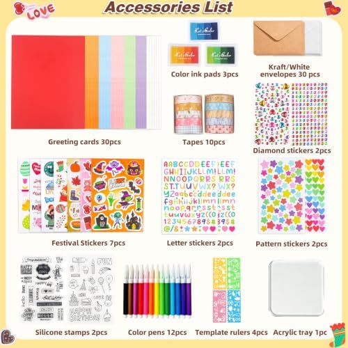 Ohanniewa 30 Pack Card Making Kit – Blank Greeting Cards & Envelopes, Stamp Set, 12 Colored Pens, Stencil Cards, Festival Stickers – DIY Craft Set for Birthdays, Christmas, Thank You & All Occasions