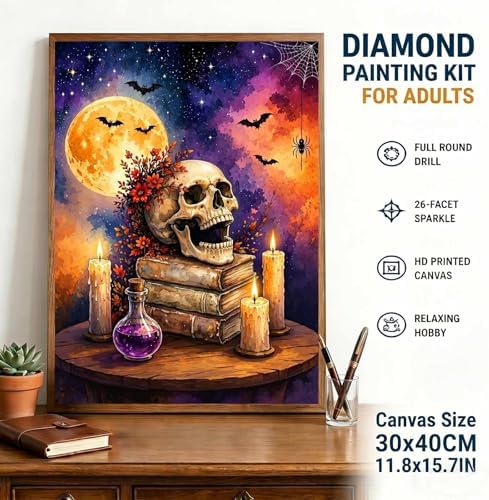 Skull on Books Diamond Art Kits for Adults, Halloween Diamond Painting