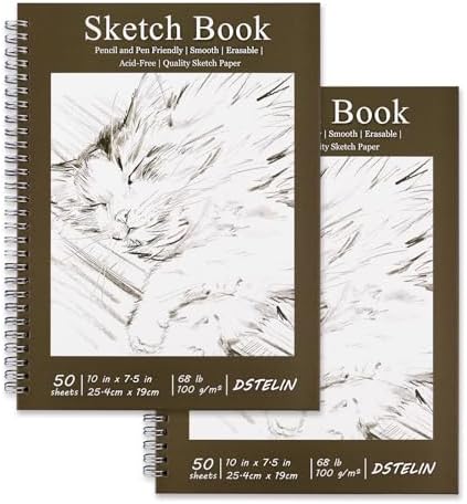 DSTELIN 2 Pack 50 Sheets Spiral Bound Art Sketchbook, 10 x 7.5 Inch 100GSM Acid-Free Drawing Paper, Sketch Books with Cardboard Backing for Artists and Students