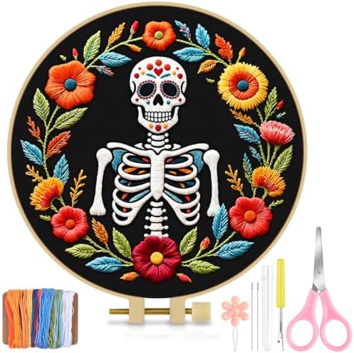 TINDTOP Embroidery Kit for Adult Beginners, Embroidery DIY Starter Kit, with Stamped Patterns, Hoop, Tools, Colorful Threads with Needles, Instructions (Skeleton A)