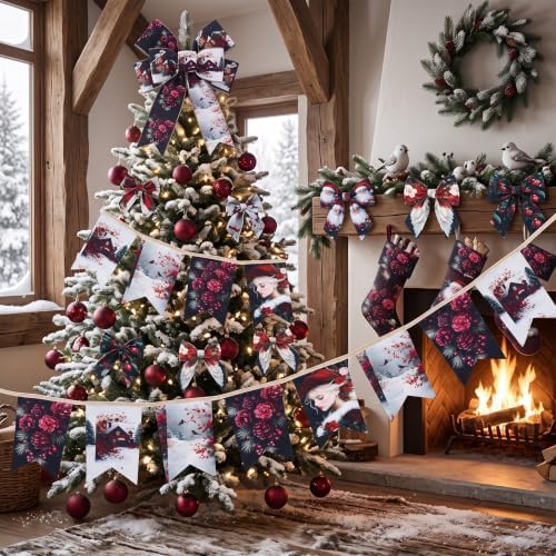 HunnmingRe 20 Pcs 10''x10'' Burgundy Christmas Quilting Fabric Square Gothic Precuts Quilted Fabric Bundle Santa Angel Printed Sewing Material for Winter Patchwork Scrapbook Junk Journal DIY Craft