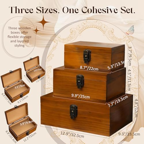 Vintage Wooden Storage Boxes Set of 3 I Zakka Style Organizer with Hinged Lids & Locks I 3 Sizes for Jewelry, Keepsakes, Letters & Desk I Stackable Rustic Wood Display Treasure Boxes for Home Decor