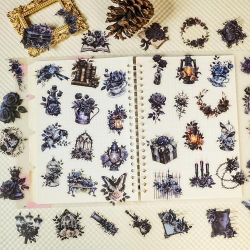 56 Pcs Gothic Rose Stickers Pack – Dark Victorian Aesthetic Scrapbooking Decals, Waterproof Clear Gothic Flowers & Vintage Objects for Journals, Planners, Art Crafts, Laptop Decoration