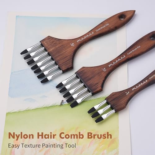 Fuumuui Grainer Brush Set - 3Pcs Professional Multi-Tooth Brushes, Flat Head Comb Brush Set Designed for Textures and Special Effects for Acrylic Painting, Oil & Watercolor, Short Handle