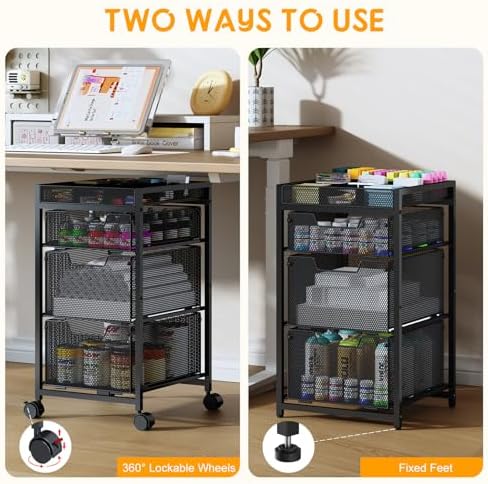 Rolling Utility Cart with 3 Drawers, Craft Organizer and Storage with DIY Divider, Lockable Wheels, Multi-Functional Storage for Art Supplies, Store for Brushes & Paints & Small Parts(Patent Pending)
