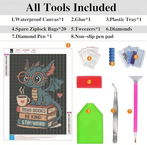 ckdiluy Cartoon Dragon Diamond Art Kits for Adults Beginners, 5D DIY Read Books Diamond Painting Kits, Full Round Drill Diamonds Dots Gem Art Crystal, Home Wall Decor 12X16 Inch