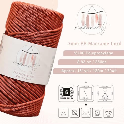Makromecity, Premium Polyester Macrame Cord 3mm x 131 Yards (394 feet) 3mm Polypropylene Brick Macrame Cord Crochet Macrame Bag Cord Crafts for Wall Hangings, Bags, Underplate, Rug