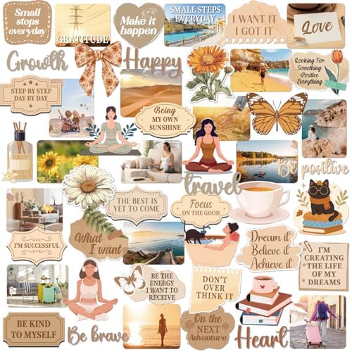 Brown Vision Board Stickers - 50 Pcs Travel Inspirational Planner Supplies Kit for Adults Women Motivational Aesthetic Mental Health Waterproof Decals for Book Scrapbook Journaling Keyboard