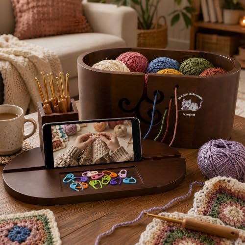 Oval Wood Yarn Bowl Set with Lid, Large Knitting & Crocheting Yarn Holder with 9 Metal Crochet Hooks & 10 Stitch Markers, Built-in Phone Stand, Yarn Storage Organizer for Crafters