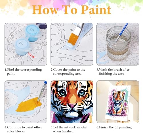 Framed Paint by Numbers Kit for Adults, Tiger & Flower Decor 8x12 Inch