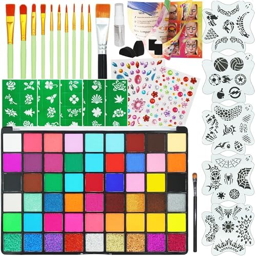 54 Color Face Painting Kit - Non-Toxic Water Based Face and Body Paint Set with Brushes, Stencils, Sponges - For Sensitive Skin, Halloween, Carnival, Birthday Parties, Festivals & Events.