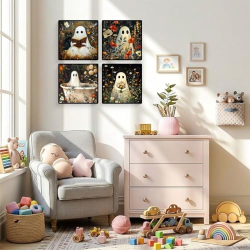 4 Pcs Halloween Paint by Numbers Kit for Adults with Frame (Ghost, 8x8 In)