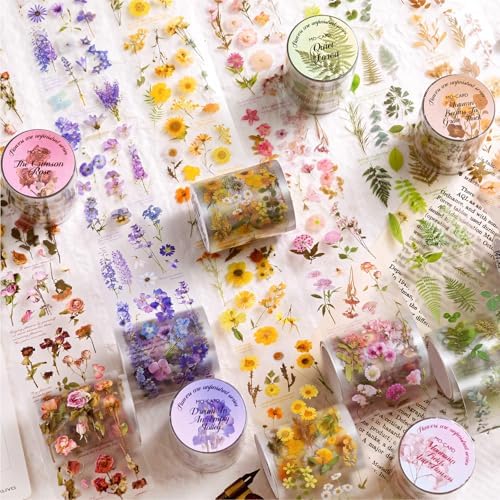 PET Tape Stickers for Journaling 6 Rolls Flower Washi Tape Stickers Decorative Tape for Crafts Scrapbooking Junk Journal Supplies, Endless Flowers