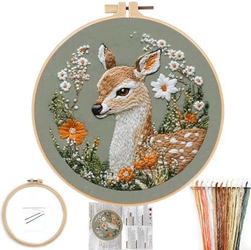 FONNUY Printed Deer and Floral Embroidery Kit with Hoop, Cross Stitch Kits for Beginners, Handmade Crafts, Easy to Follow Color Thread Needlework, 8'' Hoop (Deer and Daisies)