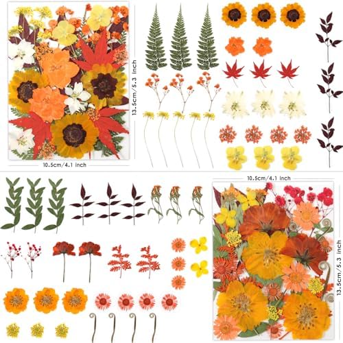 LUXEEASE 120P Yellow Orange Red Dried Pressed Flowers | Warm cozy gradient, maple leaves, varied blooms, for Thanksgiving resin jewelry scrapbook frame candle, tweezers included