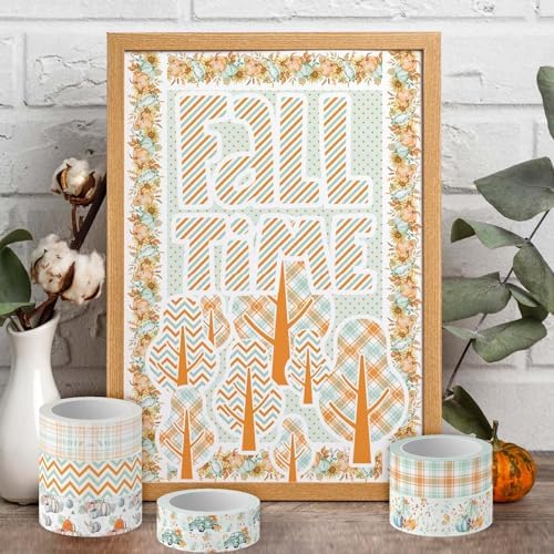 Whaline 12 Rolls Fall Washi Tape Autumn Pumpkin Plaid Truck Washi Tape Cyan Orange Harvest Decorative Masking Tape for Thanksgiving Scrapbook Journal DIY Art Craft Gift Wrapping Supplies