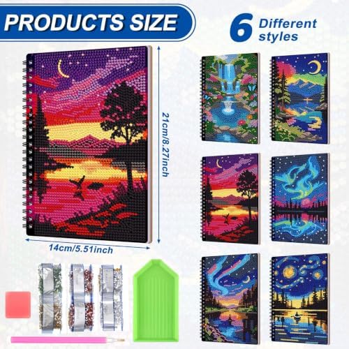 Fullhawl 6 Pack 5D DIY Diamond Art Crafts Kit for Adults Office Supplies Beginner A5 Leather Diamond Painting Gift for Women Art Cover Craft Accessories with Tool (Aurora Painting)