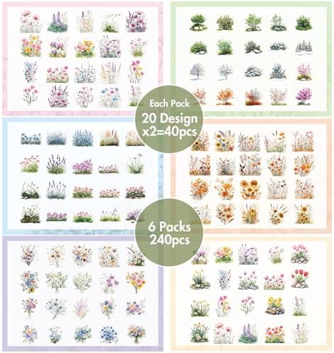 Transparent Flower Stickers for Scrapbooking - 240 Pcs Aesthetic Botanical & Floral Stickers for Scrapbook Supplies, Junk Journal Supplies, Card Making and DIY Craft