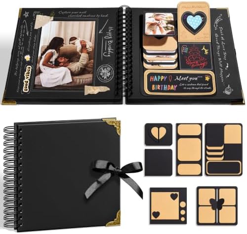 OVESMUSL 8x8 DIY Scrapbook Kit, Black, 40 Pages | Features 250gsm kraft paper, metal corners, 3D interactive elements, and glue stick. Great for wedding, anniversary, baby.