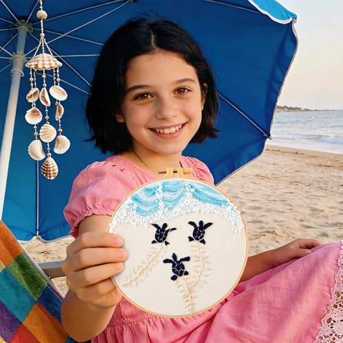 Embroidery Kit for Beginner Adults, Stamped Cross Stitch kits for Adults Beginners, Ocean Hand Embroidery Starter Needlepoint Kit, 2 Set Embroidery Supplies, 2 Hoops (Attached Teaching Video QR Code)