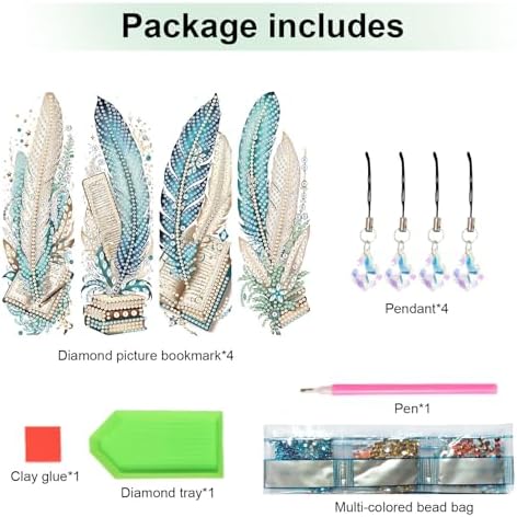 4-Pack 5D Diamond Painting Bookmarks Kit, Peacock Feather DIY Diamond Art Bookmarks with Rhinestones and Tassels, Creative Bookmark Making Set for Adults, Gift for Book Lovers
