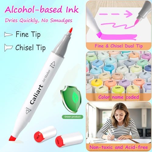 Caliart 180 Colors Alcohol Markers Fine & Chisel Dual Tip Art Markers Set | Permanent Pens for Adult Coloring Books, Beginners Artists Hobbyists, Drawing Illustration Sketch, School Supplies Art Gifts