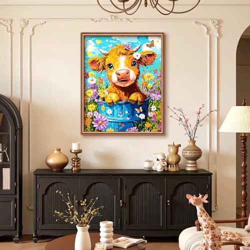 Yunnuo Cow Paint by Numbers Kit for Adults,Highland Cow Flowers Paint by Number Canvas,Acrylic Simple Painting by Numbers for Adults Beginners,Perfect for Home Wall Decor and Gifts(19.7x15.7 inches)