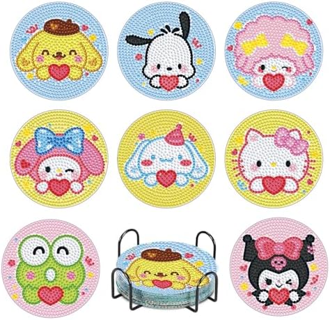 8 PCS Cartoon Diamond Art Coasters Kits, Diamond Painting Coasters with Holder Set of 8, DIY Drink Coasters Art Crafts Supplies for Adults Cup Mat for Home Decor House Warming Gifts Non-Slip 3.9inch