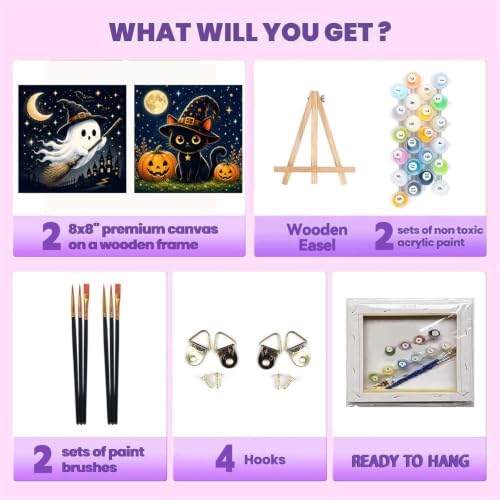 2 Pack Halloween Paint by Numbers Kit for Kids with Frame, Gift, 8x8 In