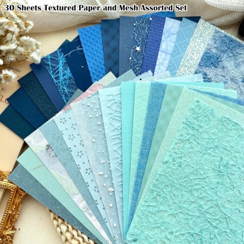 30 Sheets A5 Ocean Blue Textured Scrapbook Paper & Mesh Fabric Set