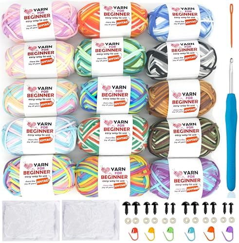 15 Pack Beginners Crochet Yarn Rainbow Crochet Yarn for Crocheting Knitting with Easy-to-See Stitches Neutral Crochet Yarn for Beginners Crochet Kit(15x50g)-Variegated Mix