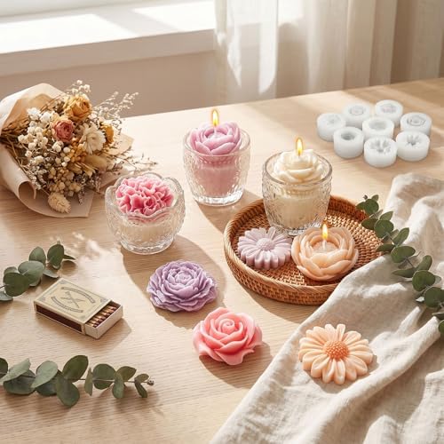 9 Pcs Flower Molds Silicone Candle Molds for Candle Making, Daisy Peony Rose Carnation Hydrangea Plumeria Daffodil 3D Soap Mold for Soy Wax, Beeswax, Soap Making, Resin Craft